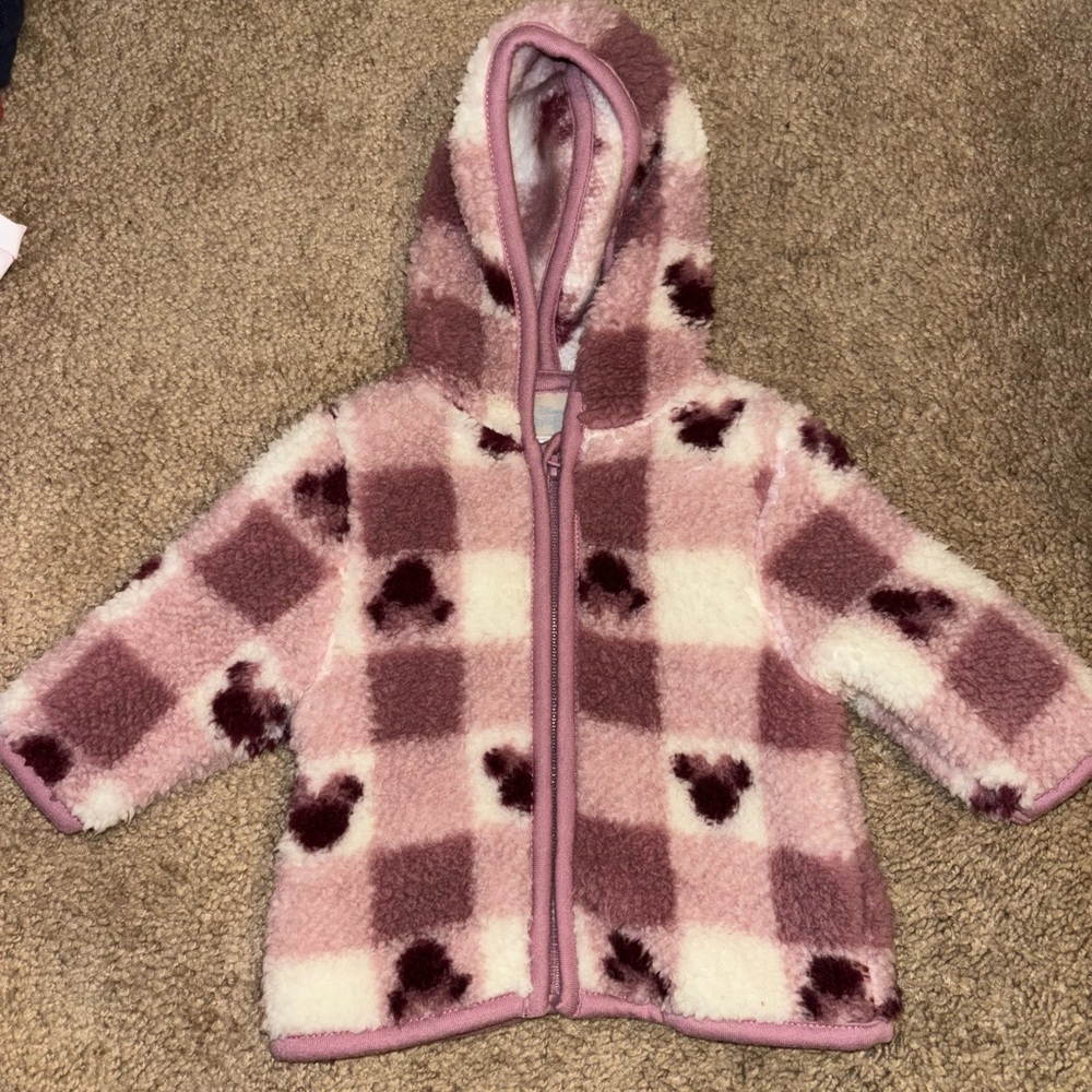 Purple and white fleece/fuzzy Disney mini mouse jacket for newborn.